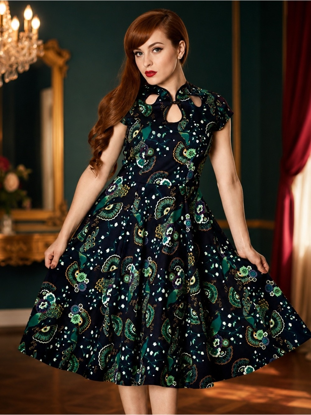 1950s swing retro Asian Alfred shaheen Banned peacock keyhole dress 50s